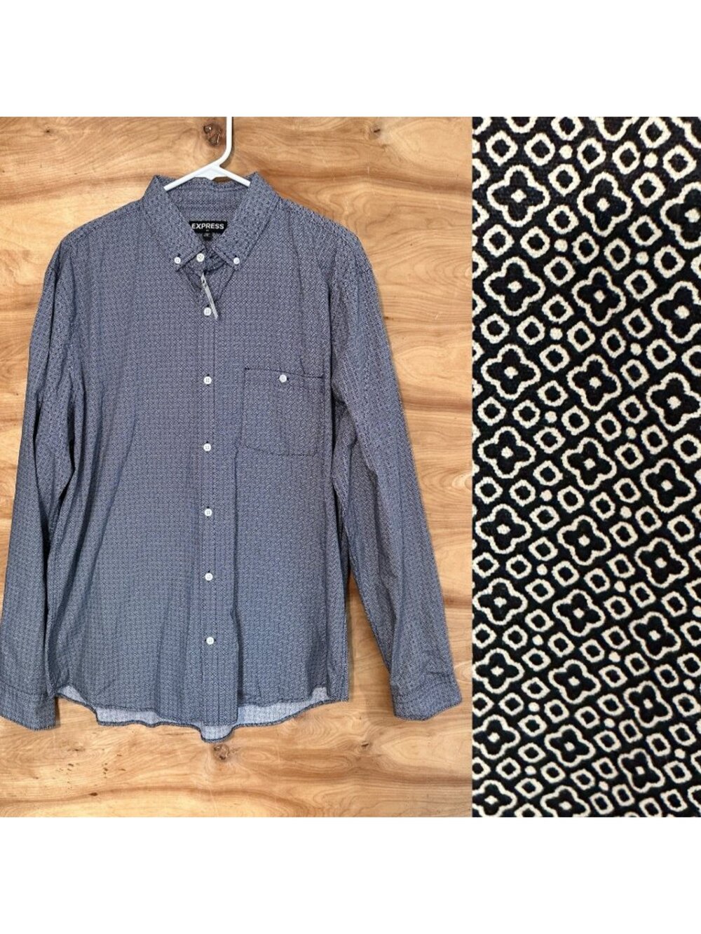 NWT Express Men XL Long Sleeve Geometric Button Up Blue Shirt Cotton